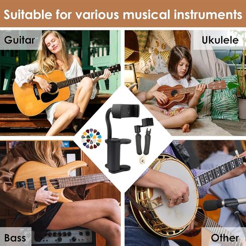 مجموعة حامل هاتف الجيتار مع 3 في 1 سحب دبوس لفاف السلسلة و20 قطعة 0.71 مم - حامل قابل للتعديل للجيتار/الأوكيليلي/الباس، مثالي لأوراق الموسيقى والتعليم والتسجيل والأداء in Kuwait
