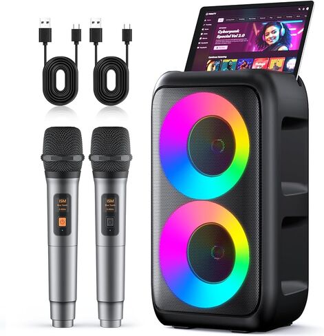 Karaoke Machine for Adults Kids, Portable Bluetooth Speaker with 2 Wireless Microphones, TWS Mode & LED Light, 10H Battery PA System Stage Monitors,Home Party Outdoor Birthday Easter Gifts(Black) in Kuwait