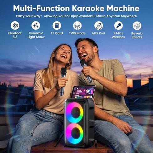 Karaoke Machine for Adults Kids, Portable Bluetooth Speaker with 2 Wireless Microphones, TWS Mode & LED Light, 10H Battery PA System Stage Monitors,Home Party Outdoor Birthday Easter Gifts(Black) in Kuwait