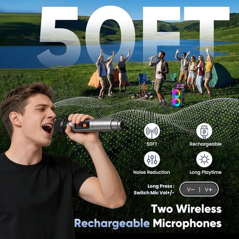 Karaoke Machine for Adults Kids, Portable Bluetooth Speaker with 2 Wireless Microphones, TWS Mode & LED Light, 10H Battery PA System Stage Monitors,Home Party Outdoor Birthday Easter Gifts(Black) in Kuwait