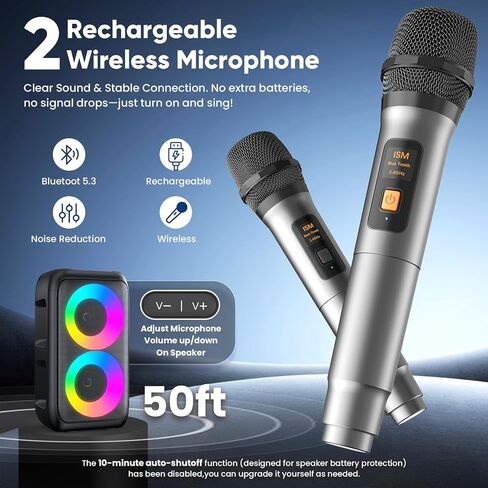 Karaoke Machine for Adults Kids, Portable Bluetooth Speaker with 2 Wireless Microphones, TWS Mode & LED Light, 10H Battery PA System Stage Monitors,Home Party Outdoor Birthday Easter Gifts(Black) in Kuwait