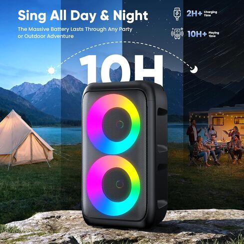Karaoke Machine for Adults Kids, Portable Bluetooth Speaker with 2 Wireless Microphones, TWS Mode & LED Light, 10H Battery PA System Stage Monitors,Home Party Outdoor Birthday Easter Gifts(Black) in Kuwait