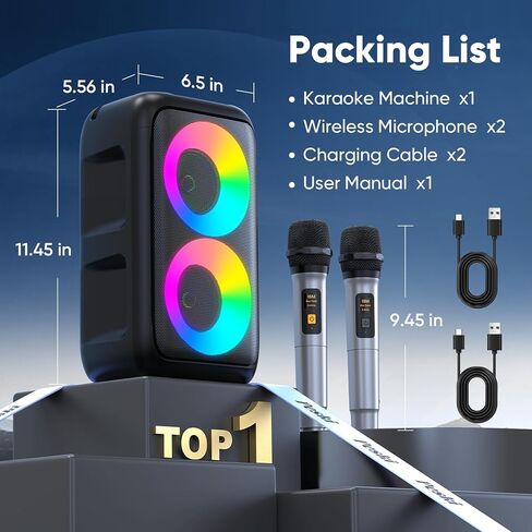 Karaoke Machine for Adults Kids, Portable Bluetooth Speaker with 2 Wireless Microphones, TWS Mode & LED Light, 10H Battery PA System Stage Monitors,Home Party Outdoor Birthday Easter Gifts(Black) in Kuwait