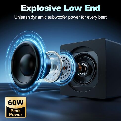 سماعات كمبيوتر Nylavee مع مضخم صوت، نظام مكبرات صوت 2.1 للكمبيوتر الشخصي مع 8 أوضاع إضاءة، طاقة ذروة 60 وات، محول تيار متردد، بلوتوث 5.4، USB/USB-C و3.5 مم مدخل Aux لسطح المكتب والشاشة والألعاب in Kuwait