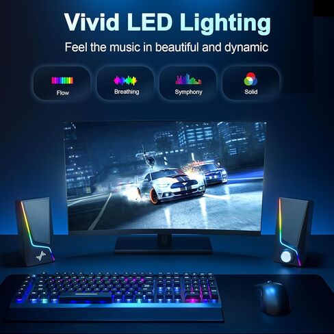 سماعات كمبيوتر Nylavee مع مضخم صوت، نظام مكبرات صوت 2.1 للكمبيوتر الشخصي مع 8 أوضاع إضاءة، طاقة ذروة 60 وات، محول تيار متردد، بلوتوث 5.4، USB/USB-C و3.5 مم مدخل Aux لسطح المكتب والشاشة والألعاب in Kuwait