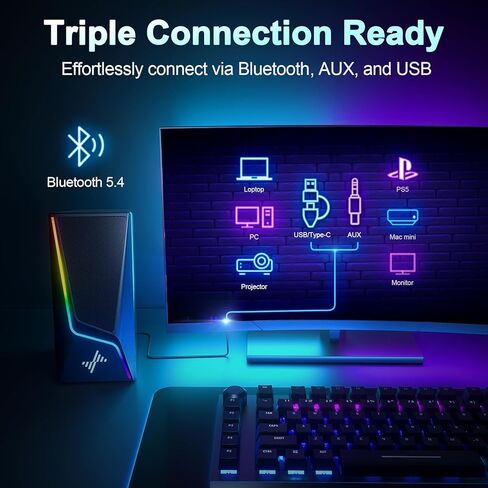 سماعات كمبيوتر Nylavee مع مضخم صوت، نظام مكبرات صوت 2.1 للكمبيوتر الشخصي مع 8 أوضاع إضاءة، طاقة ذروة 60 وات، محول تيار متردد، بلوتوث 5.4، USB/USB-C و3.5 مم مدخل Aux لسطح المكتب والشاشة والألعاب in Kuwait