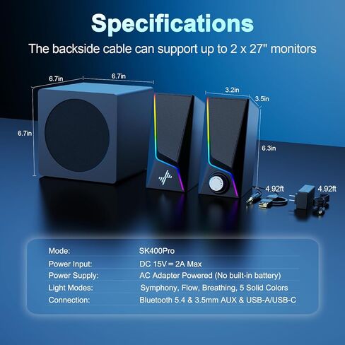 سماعات كمبيوتر Nylavee مع مضخم صوت، نظام مكبرات صوت 2.1 للكمبيوتر الشخصي مع 8 أوضاع إضاءة، طاقة ذروة 60 وات، محول تيار متردد، بلوتوث 5.4، USB/USB-C و3.5 مم مدخل Aux لسطح المكتب والشاشة والألعاب in Kuwait