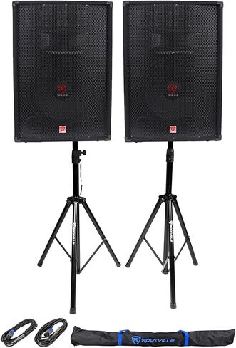 Rockville RSG15.4 Bundle: (2) 15 in 3-Way 1500W Peak / 750W RMS 4-Ohm Passive DJ PA Speakers, (2) Tripod Speaker Stands, 2X 20 ft 1/4 in to SpeakOn Cables, for Live Sound and Events, 4-Items in Saudi Arabia
