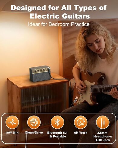 Mini Guitar Amp, 10W Electric Guitar Amplifier with Clean Drive Channel, 3.5mm Headphone/AUX Jack, 6H Work, USB-C Rechargeable Bluetooth Small Portable Amp for Indoor Practice Travel in Kuwait