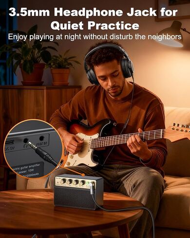 Mini Guitar Amp, 10W Electric Guitar Amplifier with Clean Drive Channel, 3.5mm Headphone/AUX Jack, 6H Work, USB-C Rechargeable Bluetooth Small Portable Amp for Indoor Practice Travel in Kuwait