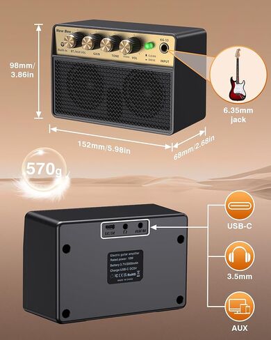 Mini Guitar Amp, 10W Electric Guitar Amplifier with Clean Drive Channel, 3.5mm Headphone/AUX Jack, 6H Work, USB-C Rechargeable Bluetooth Small Portable Amp for Indoor Practice Travel in Kuwait