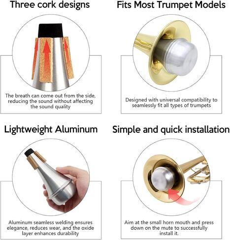 Trumpet Mute，Lightweight Aluminum Practice Trumpet Mute Silencer for Jazz Classic, Excellent for Practice or Performance，Silver in Kuwait