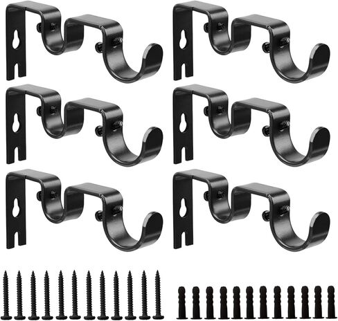 Shonmogar Double Curtain Rod Bracket 6 Pack Metal Curtain Rod Holders for Wall Sturdy Curtain Bracket for 1 Inch Curtain Rod Black Wall Mounted Curtain Rod Hooks for Bedroom Living Room Patio in Kuwait