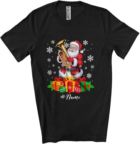 Personalized Custom Name Santa Playing Tuba; Amusing Christmas Musical Instruments Player Unisex T-Shirt Black in Saudi Arabia