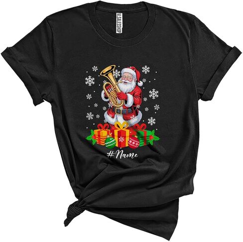 Personalized Custom Name Santa Playing Tuba; Amusing Christmas Musical Instruments Player Unisex T-Shirt Black in Saudi Arabia