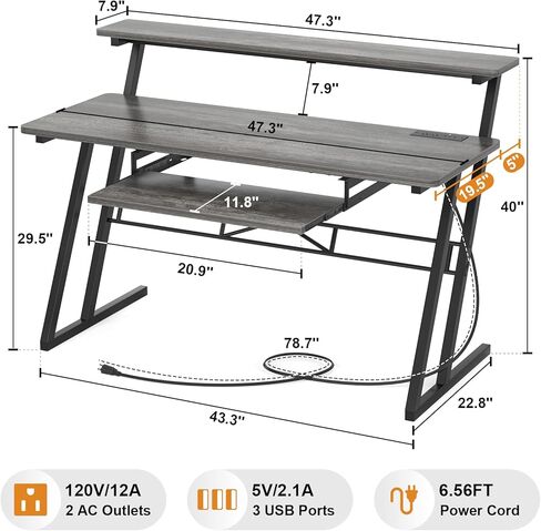 محطة عمل إنتاج مكتب استوديو الموسيقى من أرموسيتي - مكتب استوديو تسجيل للمنتج مع منفذ طاقة، محطة عمل استوديو لتسجيل الموسيقى، مكتب طاولة استوديو منزلي، بلوط رمادي in Kuwait