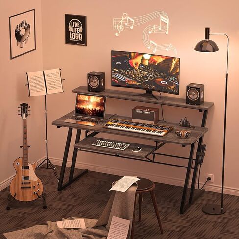 محطة عمل إنتاج مكتب استوديو الموسيقى من أرموسيتي - مكتب استوديو تسجيل للمنتج مع منفذ طاقة، محطة عمل استوديو لتسجيل الموسيقى، مكتب طاولة استوديو منزلي، بلوط رمادي in Kuwait