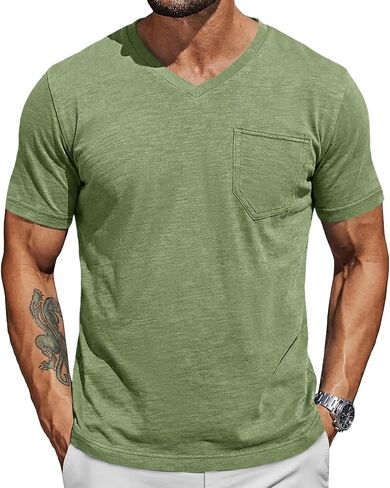 Runcati Mens Short Sleeve T-Shirts Casual V Neck Cotton Tee Summer Beach Tops with Pocket in Kuwait