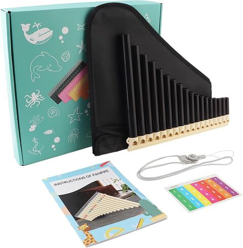 18 Pipes KeyC Pan Flute for Beginner Learning Friendly with Hang Rope, Note Sticker, Bag, Easy Play Panpipe (Black) in Saudi Arabia