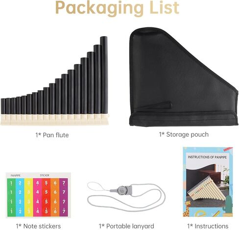 18 Pipes KeyC Pan Flute for Beginner Learning Friendly with Hang Rope, Note Sticker, Bag, Easy Play Panpipe (Black) in Saudi Arabia