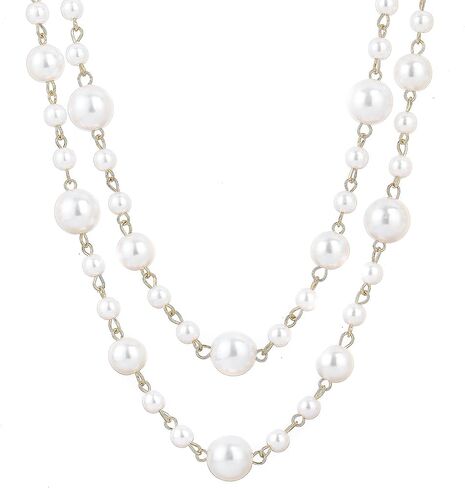 Gold Long Pearl Necklaces for Women Cream White Faux Pearl Strand Layered Necklace Double Layered Pearl Necklace Charm Sweater Chain Jewelry Gifts in Kuwait