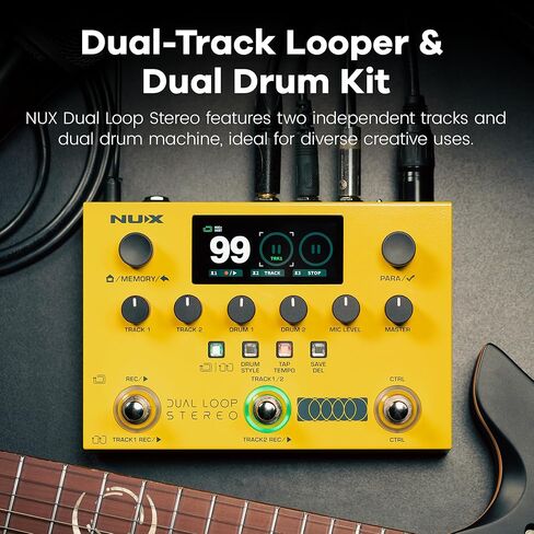 NUX DUAL LOOP STEREO Looper Pedal, Dual-Track Looper, Guitar Pedal for Electric Guitar, 4 Effects, 42 Rhythm Presets with 672 Rhythm Variations, 26 Hours Recording Time, 99 Phrase Memories in Saudi Arabia