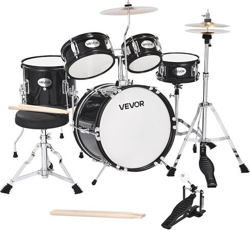 VEVOR Kids Drum Set, 5 Piece 16in Beginner Youth Full Drum Set with Bass Toms Snare Floor Drum Adjustable Throne Cymbal Hi-Hat Pedal and Two Pairs of Drumsticks, Starter Drum Kit for Child Kids, Black in Saudi Arabia