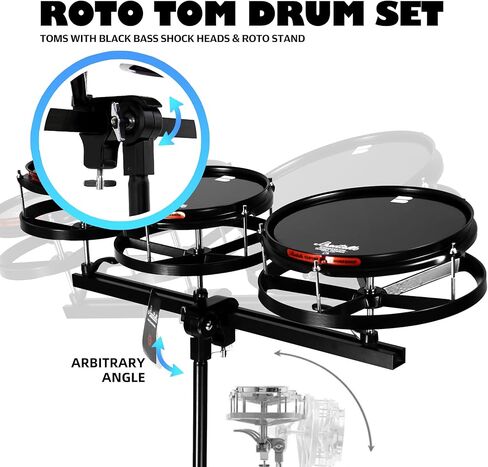 مجموعة طبول روتو توم، ضبط سريع وسهل بدون أدوات، درجة صوت متغيرة، نغمات متنوعة، تركيب سريع، ثلاثة طبول على حامل مخصص، ارتفاع قابل للتعديل. مع حامل 6 بوصات 8 بوصات 10 بوصات in Kuwait