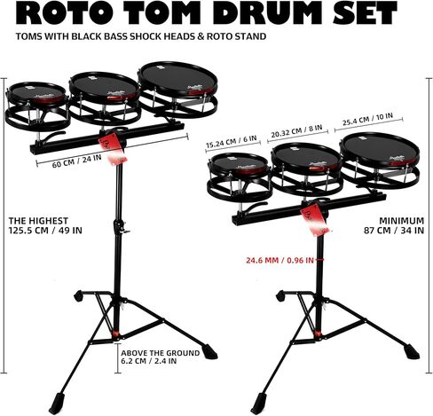مجموعة طبول روتو توم، ضبط سريع وسهل بدون أدوات، درجة صوت متغيرة، نغمات متنوعة، تركيب سريع، ثلاثة طبول على حامل مخصص، ارتفاع قابل للتعديل. مع حامل 6 بوصات 8 بوصات 10 بوصات in Kuwait