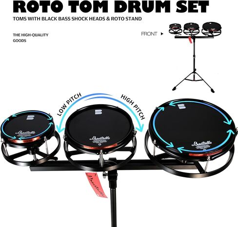 مجموعة طبول روتو توم، ضبط سريع وسهل بدون أدوات، درجة صوت متغيرة، نغمات متنوعة، تركيب سريع، ثلاثة طبول على حامل مخصص، ارتفاع قابل للتعديل. مع حامل 6 بوصات 8 بوصات 10 بوصات in Kuwait