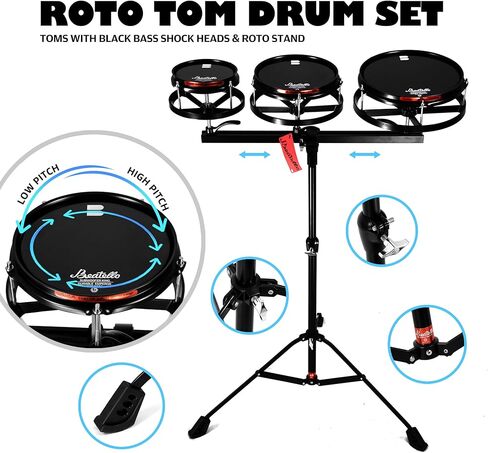 مجموعة طبول روتو توم، ضبط سريع وسهل بدون أدوات، درجة صوت متغيرة، نغمات متنوعة، تركيب سريع، ثلاثة طبول على حامل مخصص، ارتفاع قابل للتعديل. مع حامل 6 بوصات 8 بوصات 10 بوصات in Kuwait
