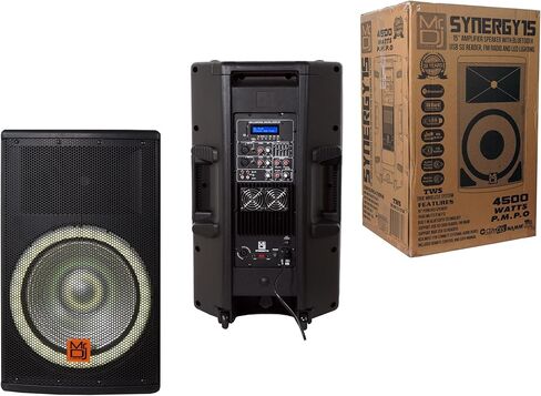 Mr. Dj USA SYNERGY15 Pro Audio داخلي خارجي DJ بلوتوث 4500 وات، مكبر صوت 15 بوصة، عربة قابلة للدوران، مشغل وسائط، موالف راديو FM، USB، بطاقة SD in Saudi Arabia