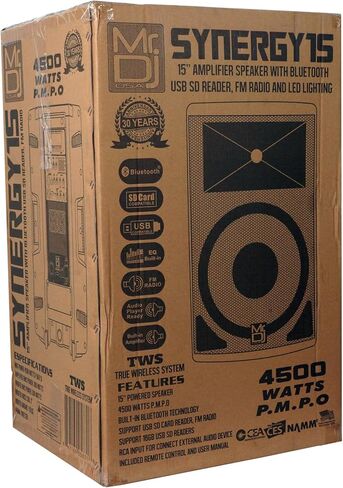 Mr. Dj USA SYNERGY15 Pro Audio داخلي خارجي DJ بلوتوث 4500 وات، مكبر صوت 15 بوصة، عربة قابلة للدوران، مشغل وسائط، موالف راديو FM، USB، بطاقة SD in Saudi Arabia