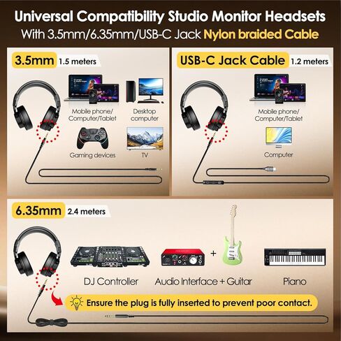 سماعات رأس USB C سلكية فوق الأذن مع محركات 50 مم، وشاشة استوديو وسماعات رأس DJ احترافية مع مقبس 6.35 مم/3.5 مم/Type-C فوق الأذن لسماعات DJ Podcast Guitar AMP Piano Keyboard Recording in Kuwait