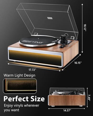 Vinyl Record Player with Built in HiFi Speakers, Bluetooth Belt Drive Turntable for Vinyl Records with Magnetic Cartridge, Auto Stop and Warm Light Design in Saudi Arabia