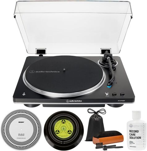 Audio-Technica AT-LP70XBT-BS قرص دوار لاسلكي أوتوماتيكي بالكامل يعمل بالحزام، حزمة سوداء/فضية مع حل العناية بالسجلات، مجموعة تنظيف معدات ديكو، ستروبوسكوب ومثبت التسجيل in Saudi Arabia