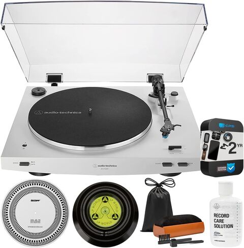 Audio-Technica AT-LP3XBT-WH قرص دوار لاسلكي أوتوماتيكي بالكامل يعمل بالحزام - حزمة بيضاء مع حزمة حماية محسنة CPS لمدة عامين، وحل العناية بالتسجيل، ومجموعة التنظيف، ومنظار ومثبت التسجيل in Saudi Arabia