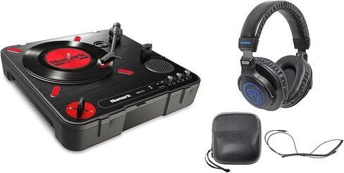 Numark PT01 Scratch Bundle: Portable DJ Turntable w/Scratch Switch, Speaker & USB/AUX/RCA Input, DJ1500 DJ Headphones w/Detachable Coil Cable, Case, Extra Ear Pad, 2-Items in Saudi Arabia