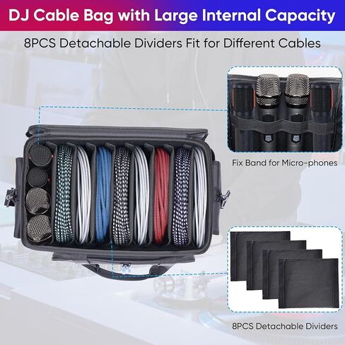 Large DJ Cable File Bag with 8 Detachable Dividers, DJ Bag Padded with Multi-Compartment & Pockets for Music Equipment, DJ Travel Gig Bag Cords Organizer for Musician Instrument in Saudi Arabia