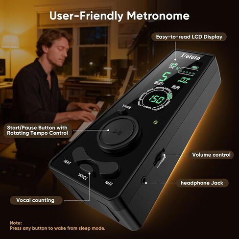 Ueteto Digital Metronome for Piano, Guitar, Drum, Violin Practice, Metronome with Human Voice and Headphone Jack, 9 Rhythms, 40-208 BPM, Timer Function for Musicians in Kuwait