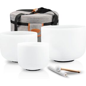 مجموعة وعاء الغناء الكريستالي ريان دفان 432 هرتز من 3 قطع، تاج 6 بوصة B، عين ثالثة 7 بوصة، حنجرة 8 بوصة مع حافظة من الجلد السويدي وعلاج صوتي على شكل حلقة لليوجا والريكي وشاكرا لضبط الطاقة واليقظة الذهنية in Kuwait