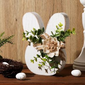 Easter Decorations for the Home: Rustic Antique Wooden Bunny Happy Easter Table Centerpiece Signs, Farmhouse White Rabbit with Flowers Wood Bunny Easter Decorations for Table, Cute Easter Gifts in Kuwait