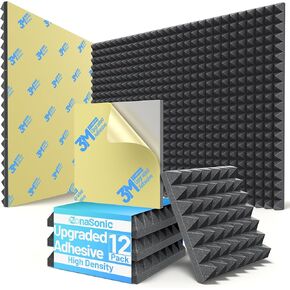 12 Pack Pyramid Sound Proof Foam Panels for Walls with Updated Self-Adhesive 2"X12"X12" High Density Acoustic Panels Sound Absorbing Fast-Expanding Soundproof Wall Panels for Gaming Studio Decor-Black in Kuwait