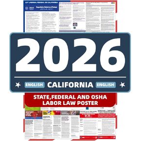 ملصق قوانين العمل الفيدرالية وولاية كاليفورنيا لعام 2026 - متوافق مع إدارة السلامة والصحة المهنية (OSHA) ومغلف بالأشعة فوق البنفسجية ومقاوم للماء مقاس 24 بوصة × 36 بوصة إصدار باللغة الإنجليزية - نشر امتثال الكل في واحد in Kuwait