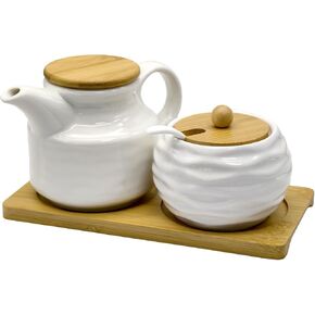 Ceramic Sugar and Creamer Set, Coffee Bar Accessories Cream Pitcher and Sugar Bowl with Lid, Spoon and Wooden Tray, White Creamer Pitcher for Afternoon Tea, Cream, Coffee Syrup and Condiments in Saudi Arabia