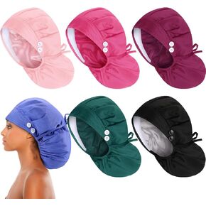 6 Pcs Extra Large Satin Lined Scrub Caps for Women Long Hair Nurse Surgical Hat with Button Working Adjustable in Kuwait