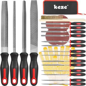 Keze 25 Pcs Metal File Set,Premium T12 Carbon Steel Flat/Half-Round/Round/Triangle Large Files,14 Pcs Needle Files with Case,4 Pcs Sandpaper,Brush,and A Pair of Gloves,for Woodworking. in Kuwait