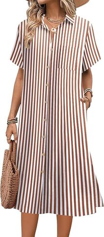 HOTOUCH Womens Button Down Shirt Dress Cotton Linen Summer Midi Dresses Short Sleeve Casual Loose Beach Dress with Pockets in Kuwait