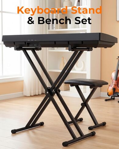 Keyboard Stand & Bench Set – Double-X Piano Stand with Adjustable Height (7 Levels), Foldable Design, Heavy-Duty Construction, Suitable for Most Keyboards, Digital Pianos in Kuwait