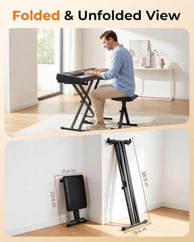 Keyboard Stand & Bench Set – Double-X Piano Stand with Adjustable Height (7 Levels), Foldable Design, Heavy-Duty Construction, Suitable for Most Keyboards, Digital Pianos in Kuwait
